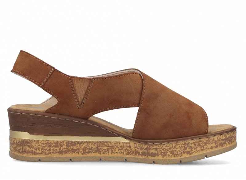 Sandałki brązowe 38 RIEKER 63782 brąz na koturnie platformie