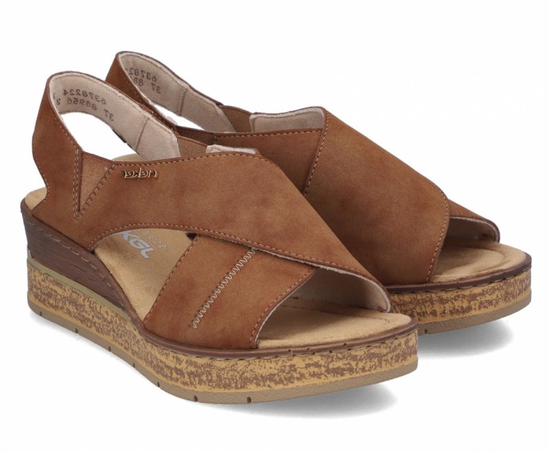 Sandałki brązowe 38 RIEKER 63782 brąz na koturnie platformie