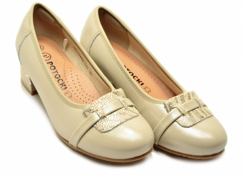 Czółenka złote 40 skóra POTOCKI 19409 beżowe na obcasie beż skórzane
