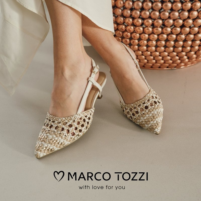 Czółenka beżowe kremowe 38 MARCO TOZZI 29502 kaczuszki z odkrytą piętą złote plecione