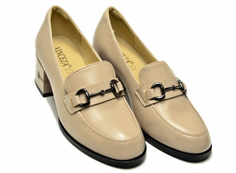 Mokasyny beż 38 półbuty skóra na obcasie VINCEZA 18116 beżowe skórzane damskie