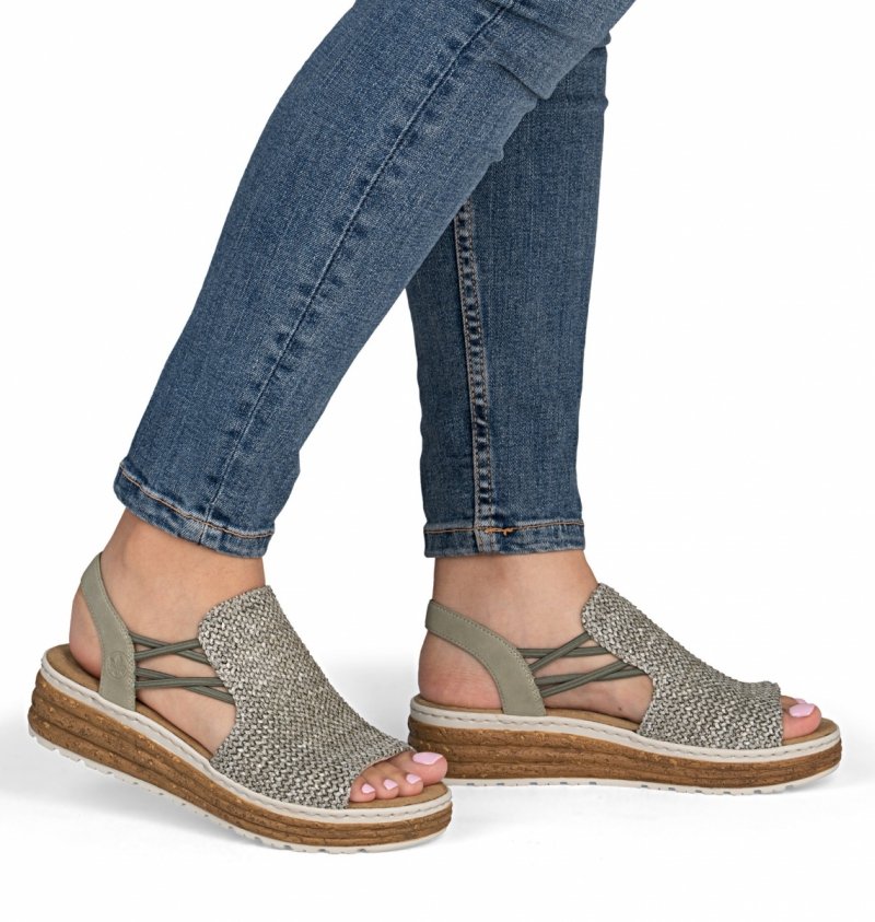 Sandałki damskie 39 RIEKER 62741 zielone na koturnie platformie