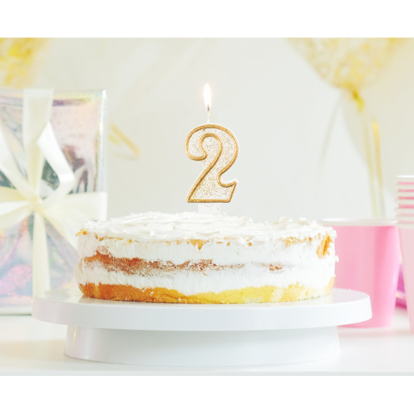 Świeczka urodzinowa na tort brokatowa ZŁOTA CYFRA 2