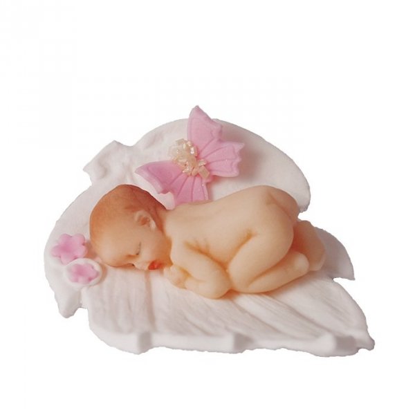 Figurka cukrowa na tort BOBAS na listku chrzest baby shower biało-różowy