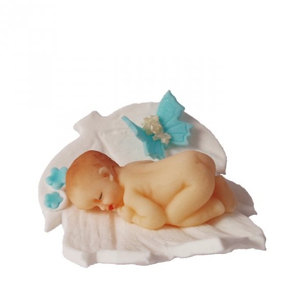 Figurka cukrowa na tort BOBAS na listku chrzest baby shower biało-niebieski