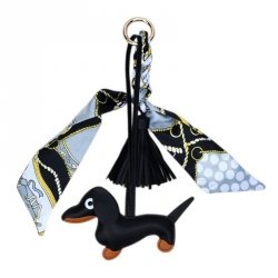 ECARLA Brelok do kluczy skórzany - Jamnik czarny z frędzlami BRL374CZ