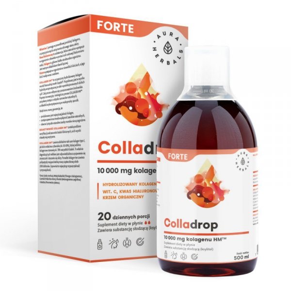 AURA HERBALS Colladrop Forte Hydrolizowany Kolagen morski 10000 mg typu I i III w płynie (20 dziennych porcji)