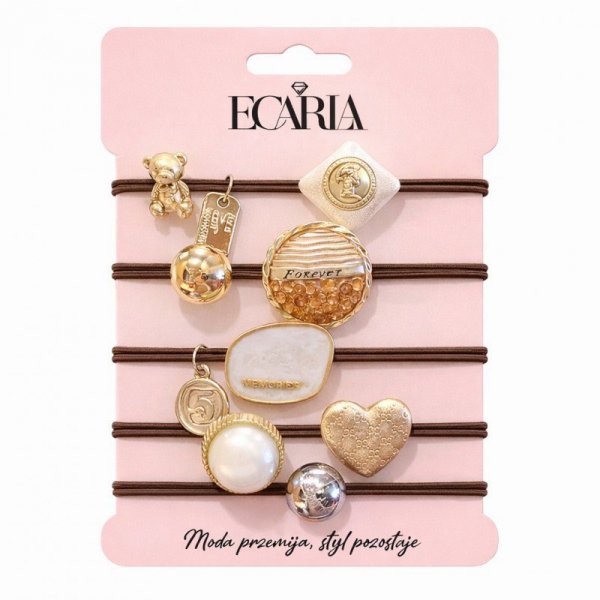 ECARLA Zestaw frotek gumek 5w1 na plakietce Brązowe z kamieniami Złote Serce GUM184
