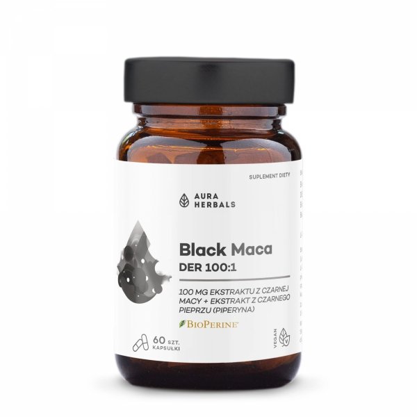 Black Maca, Ekstrakt z korzenia czarnej macy (Lepidium meyenii) DER 100:1, Aura Herbals, 60 kapsułek