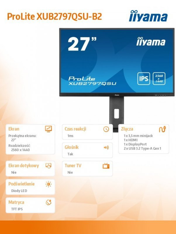 IIYAMA Monitor 27 cali XUB2797QSU-B2 IPS,HDMI,DP,100Hz,QHD,300cd /5y/