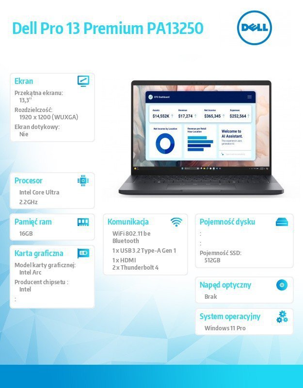 Dell Laptop Dell Pro 13 Premium PA13250/Ultra 7 266V/16GB/512GB SSD Gen4/13.3 FHD+/Arc/FgrPr/Cams&Mic/WLAN+BT/Backlit Kb/3C/vPro/3YPS Magnesium