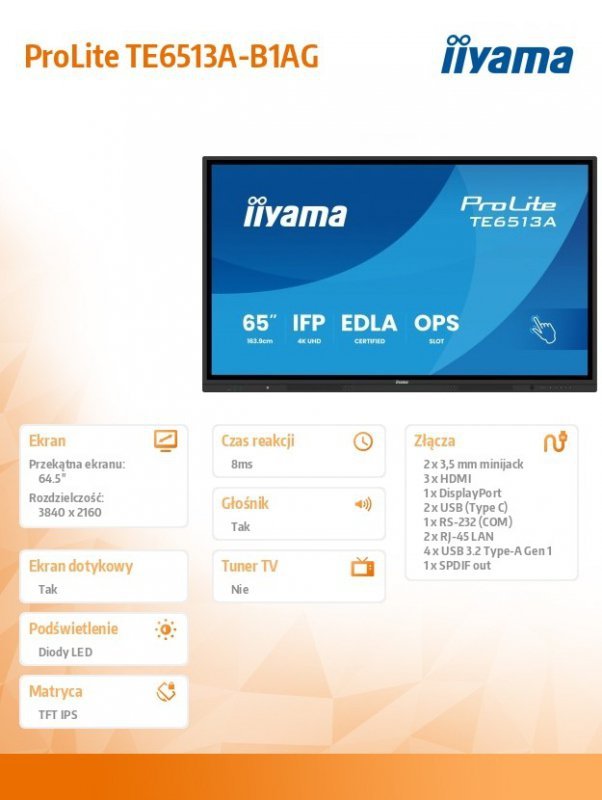 IIYAMA Monitor 65 cali TE6513A-B1AG INFRARED,40pkt,IPS,4K,7H,450cd/m2,      WiFi,USB, ANDROID 14, Google EDLA,2x20W, UCHWYT CIEN