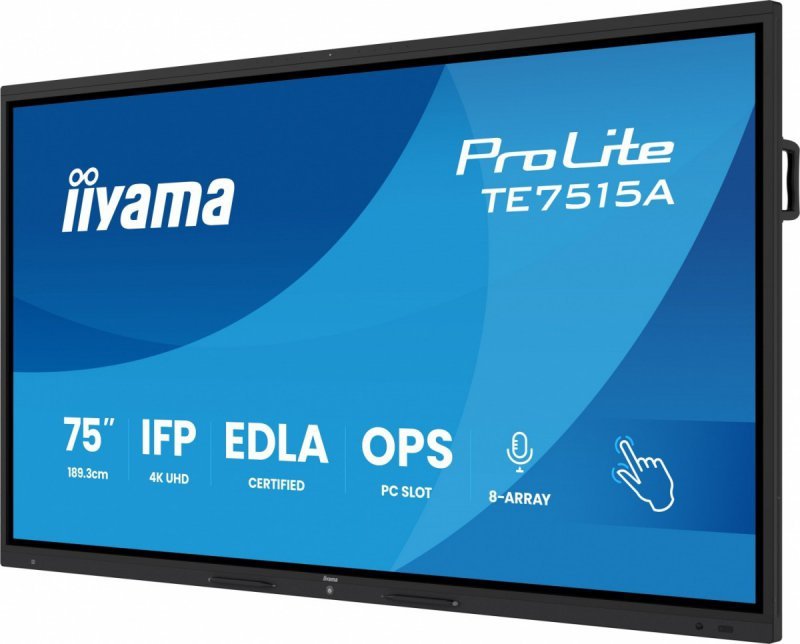 IIYAMA Monitor 75 cali TE7515A-B1AG IPS,4K,40pkt,550cd,DeepContrast-IR+,    HDMI x2,DP,USB-C, 2 x 20W, OPS Slot x1, 5xUSB, 2xRJ45,8-Array,EDLA, WiFi,PiP, iiW