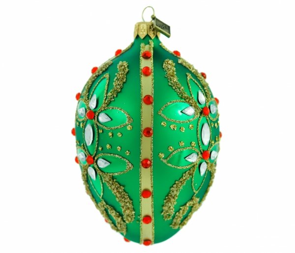 Glass bauble egg 13cm - Rubies on green
