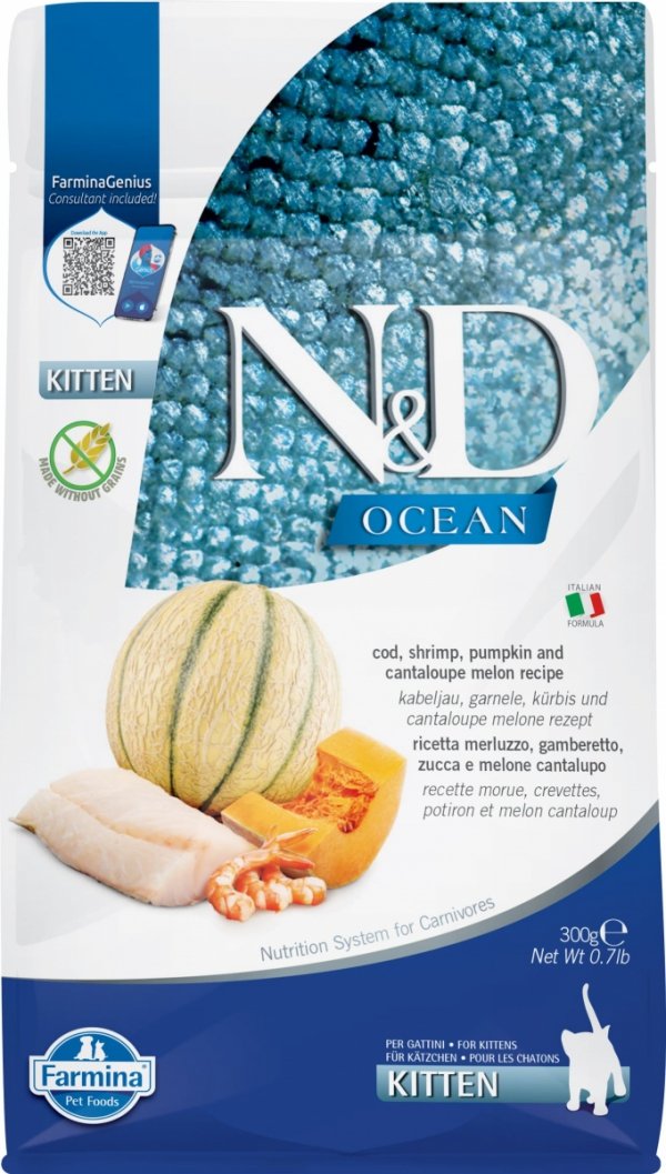 opakowanie karmy  Farmina N&amp;D Ocean Cod, Shrimp, Pumpkin &amp; Cantaloupe Melon KITTEN  300g