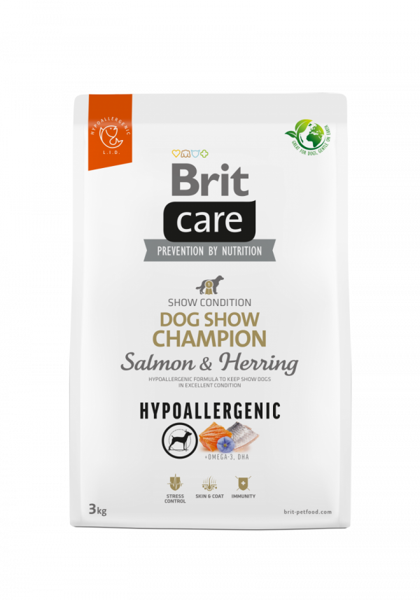 opakowanie suchej karmy Brit Care Hypoallergenic Dog Adult Show Champion Salmon &amp; Herring 3kg front