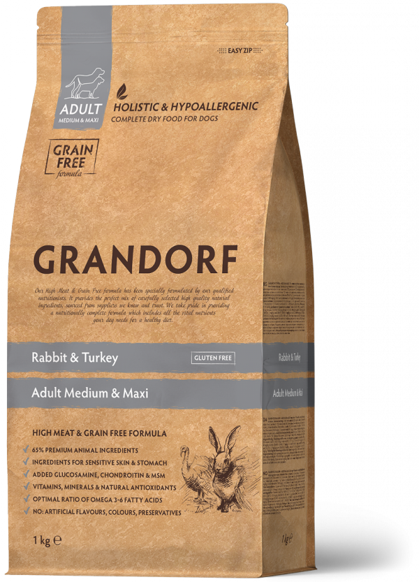 opakowanie ssuchej karmy dla psa Grandorf Adult Medium &amp; Maxi - Rabbit &amp; Turkey 1kg