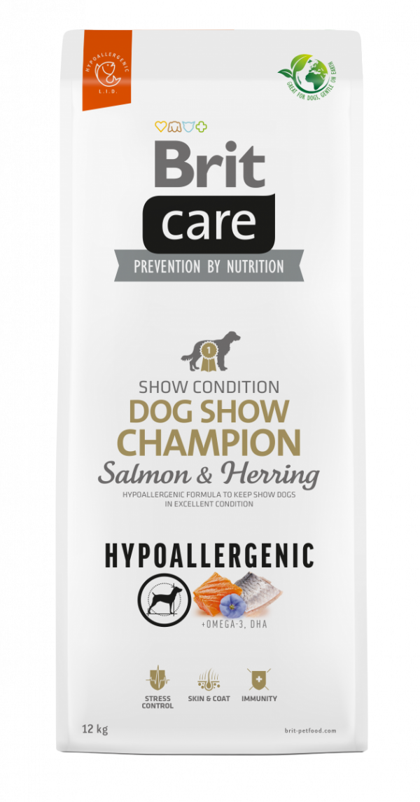 opakowanie suchej karmy Brit Care Hypoallergenic Dog Adult Show Champion Salmon &amp; Herring 12kg front