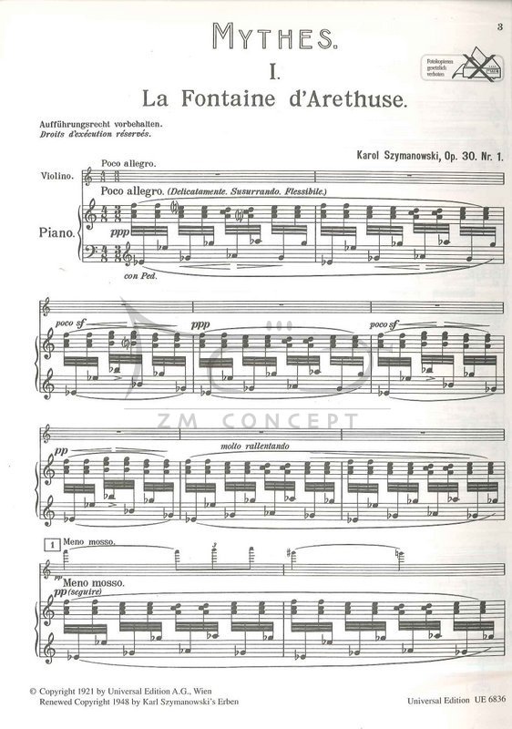 Szymanowski, Karol: Mythes op. 30,1: 3 Poemes pour violon et piano la Fontaine D'Arethuse
