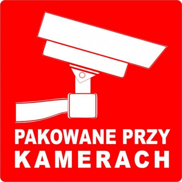 Etykieta ostrzegawcza &quot;PAKOWANE PRZY KAMERACH&quot; 55x55mm papierowa na roli (1000szt) BULK