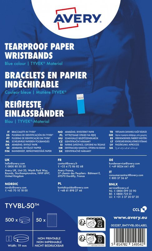 Opaski na rękę 256x19mm (50 arkuszy = 500 opasek) neonowe niebieskie TYVBL-50 AVERY
