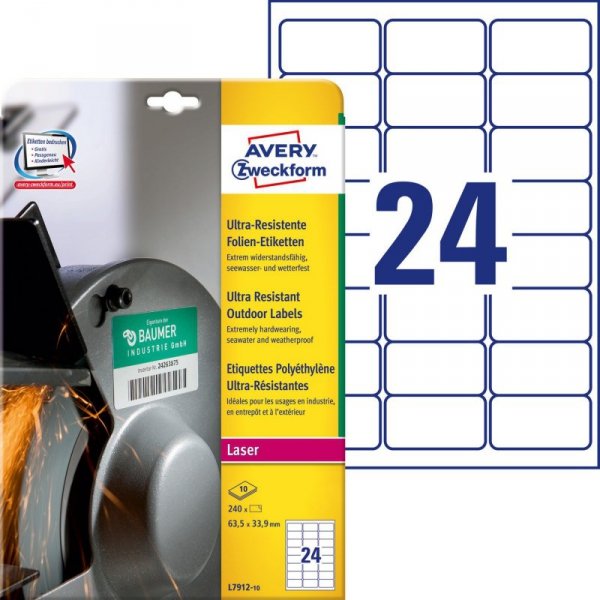 Etykiety foliowe A4 białe (10 arkuszy) 63,5x33,9mm L7912-10 do użytku zewnętrznego AVERY ZWECKFORM