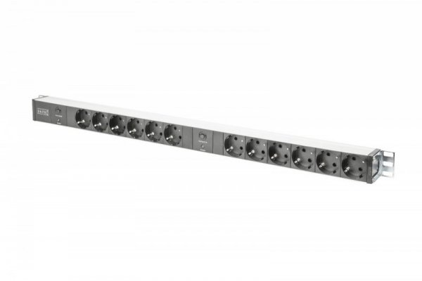 Digitus Listwa zasilająca PDU 19&quot; RACK, 12x gniazdo Schuko, 2x 2m wtyk Unischuko, 16A, zabezpieczenie przeciążeniowe, profi