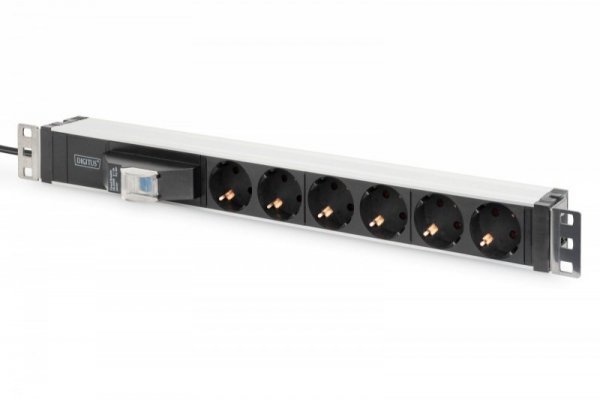 Digitus Listwa zasilająca PDU 19&quot; Rack, 6x gniazdo schuko, 2.0m, 1x wtyk unischuko, 16A, wyłącznik nadprądowy, Profil alumi