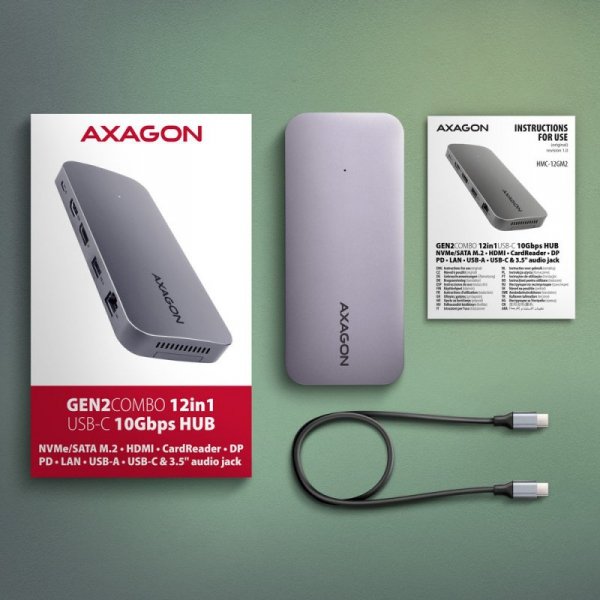 AXAGON HMC-12GM2 Wieloportowy hub USB 12in1 + M.2 NVMe/SATA pozycja, 10Gbps, 3x USB-A, USB-C, HDMI 4K/60Hz, DP 4K/60Hz, GLAN, SD