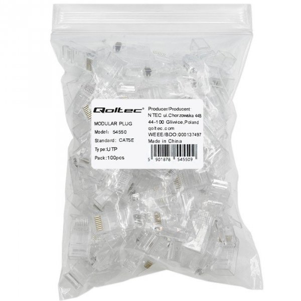 Qoltec Wtyk złącze modularne RJ45 | CAT5e | UTP | Pozłacane styki |     100 sztuk