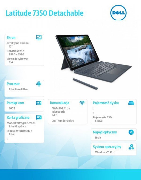 Dell Notebook Latitude 7350 Det Win11Pro Ultra 5 134U/16GB/512GB SSD Gen4/13&#039; 3K Touch/Int/FgrPr&SmtCd/FHD/IR Cam/Mic/WLAN+