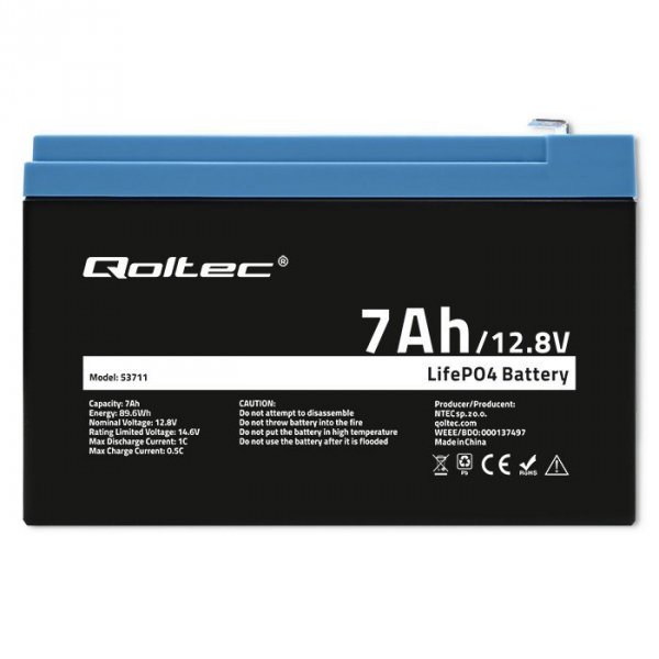 Qoltec Akumulator LiFePO4 Litowo-Żelazowo-Fosforanowy | 12.8V |  7Ah |  89.6Wh | BMS