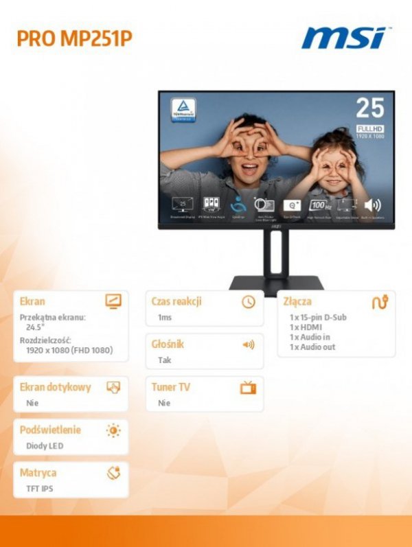 MSI Monitor PRO MP251P   24.5 cala/LED/FHD/Flat/100Hz/Czarny