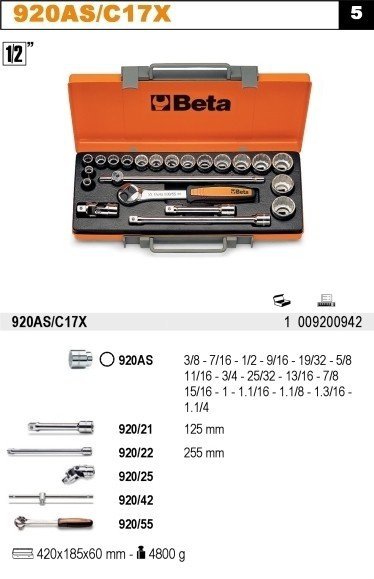Beta 920AS/C17X Zestaw nasadek 1/2&quot; z wyposażeniem 22szt