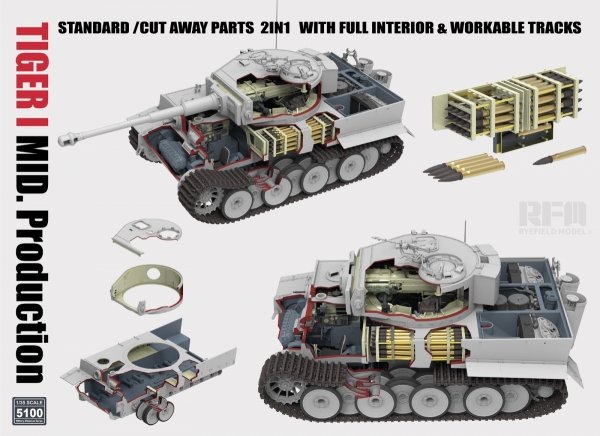 RFM-5100 1/35 Tiger I Mid Production 2 in 1 w/Cutaway Parts &amp; Full Interior