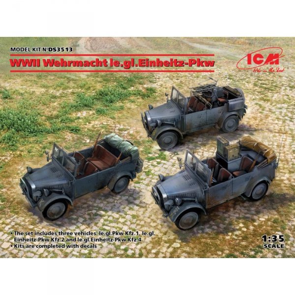 ICM DS3513 WWII Wehrmacht le.gl.Einheitz-Pkw (le.gl.Pkw Kfz.1,le.gl.Einheitz-Pkw Kfz.2, le.gl.Einheitz-Pkw Kfz.4) 1/35