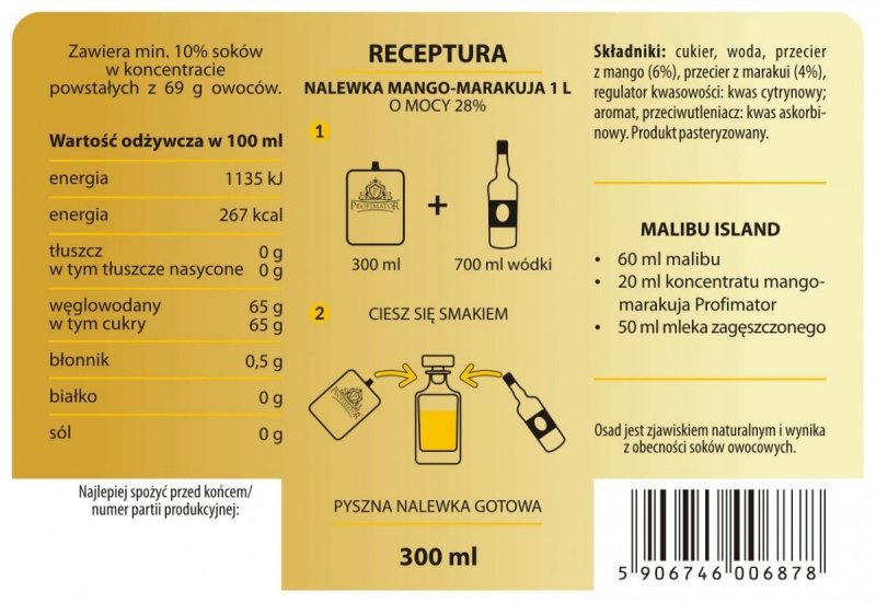 Bezalkoholowy koncentrat do przygotowywania napojów alkoholowych MANGO-MARAKUJA box 9x300ml