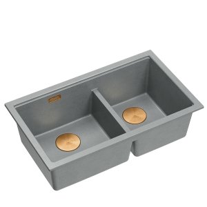 QUADRON | LOGAN 120 | granitowy zlewozmywak kuchenny SILVER STONE + MIEDŹ PVD | wymiar: 76 x 45 x 23,5 cm | 2-komorowy podwieszany | podbudowa szafki od: 80 cm HQL7645U5PVDC1U