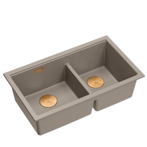QUADRON | LOGAN 120 | granitowy zlewozmywak kuchenny SOFT TAUPE + MIEDŹ PVD | wymiar: 76 x 45 x 23,5 cm | 2-komorowy podwieszany | podbudowa szafki od: 80 cm HQL7645U4PVDC1U