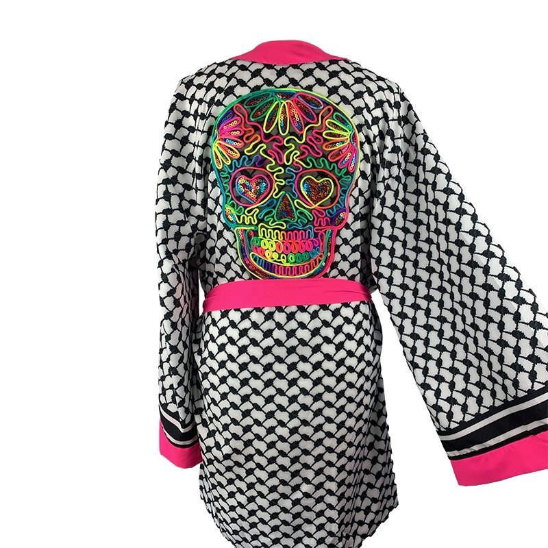 Kimono Checker Black Colorful Scull Short