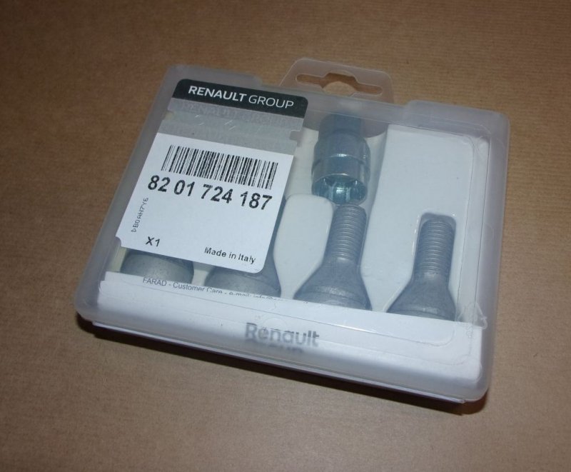 Original  Boulons de roue Renault kit antivol Captur II, Clio IV, V, Express/Van, Kangoo II, III, Megane III, Scenic III, Twingo III, Zoe, Dacia Dokker, Dacia Duster II, Dacia Jogger, Dacia Logan II, III, Dacia Sandero II, III , 8201724187