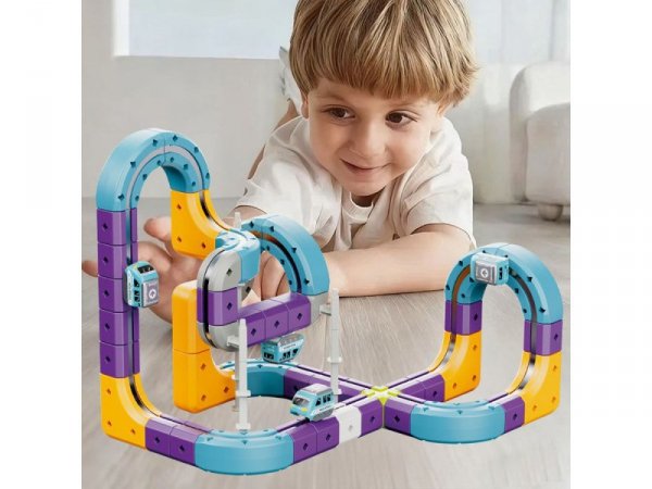 Tor Magnetyczny Zjazd samochodowy Kolejka Zjeżdżalnia Pociąg Klocki Konstrukcyjne 87 el.