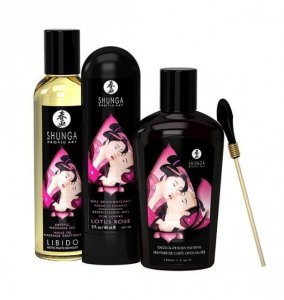 Shunga Touch Of Romance - zestaw do masażu dla par (olejek do masażu + czekoladowa farbka do ciała + żel Lotus Noir)