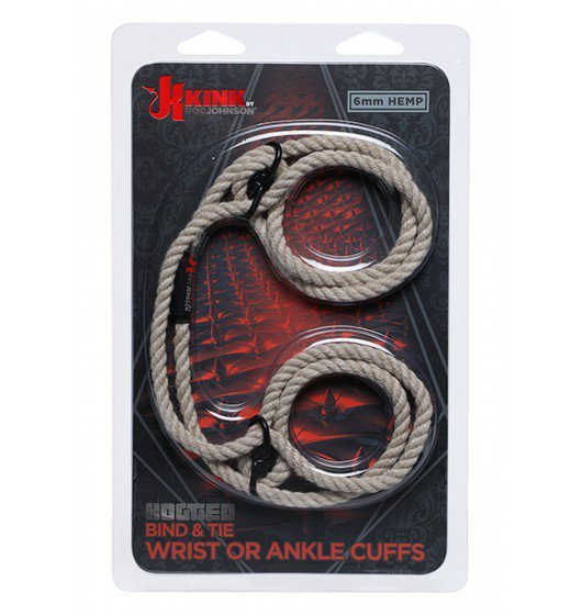Kink by Doc Johnson - konopne kajdanki Hogtied Bind &amp; Tie 6mm Hemp Wrist or Ankle Cuffs (naturalny)