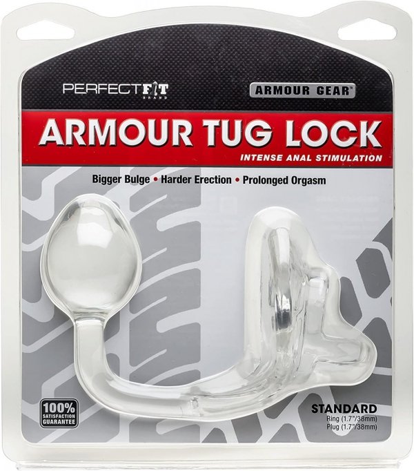 Perfect Fit Armour Tug Lock Clear - pierścień na penisa z kulką analną (przezroczysty)