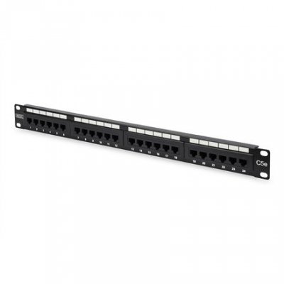 Digitus Panel krosowy (patch panel) 19&#039;&#039; 24x RJ45, LSA pion, kat.5e, nieekranowany, 1U, prowadnica kabli, czarny, pola