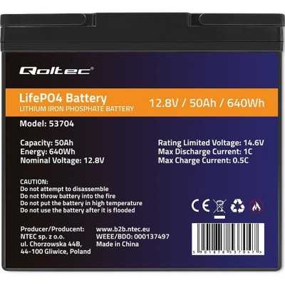 QOLTEC AKUMULATOR LIFEPO4 LITOWO-ŻELAZOWO-FOSFORANOWY | 12.8V | 50AH | 640WH | BMS