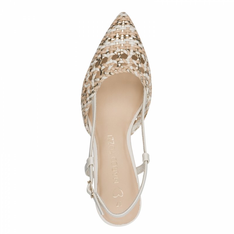 Czółenka beżowe kremowe 37 MARCO TOZZI 29502 kaczuszki z odkrytą piętą złote plecione