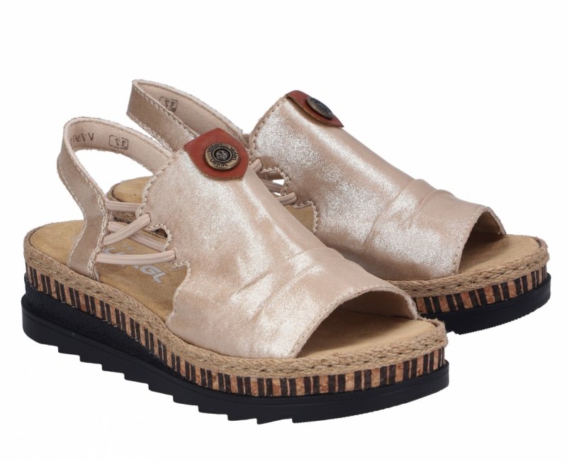 Sandałki beżowe złote 37 RIEKER 7972 beż na koturnie platformie