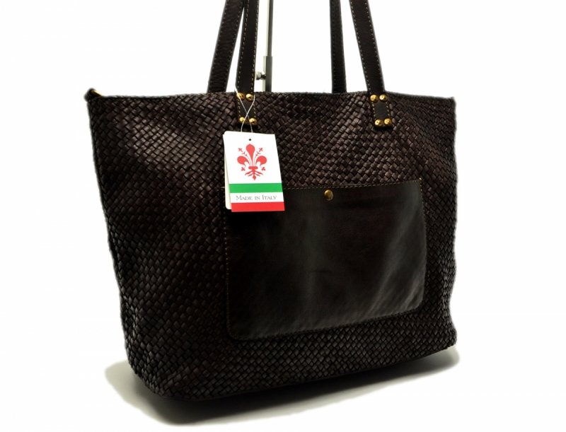 TOREBKA MIKO skóra brąz vintage plecionka brązowa czekolada duża